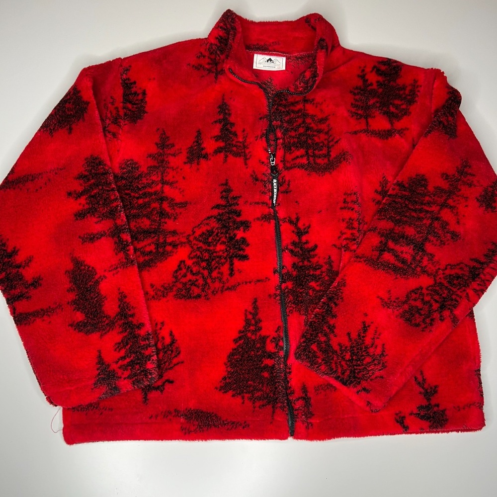Vintage Black Mountain Outdoor Fleece Jacket 2X Red Black Tree Print Made in USA
